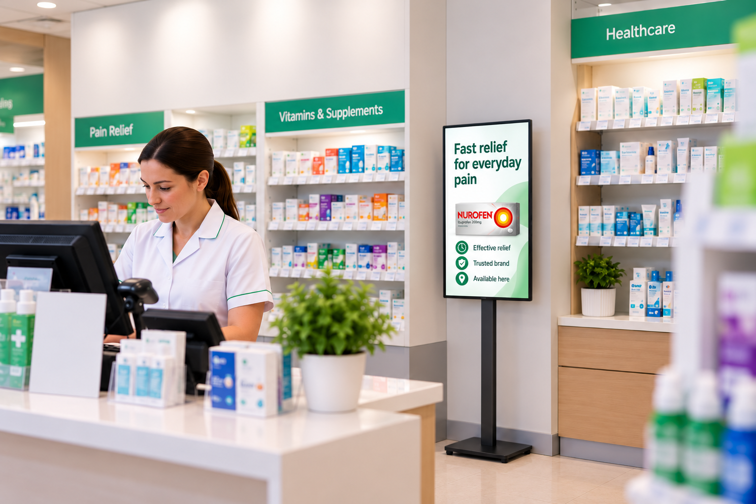 Pharmacy team member at the counter beside a digital advertising display
