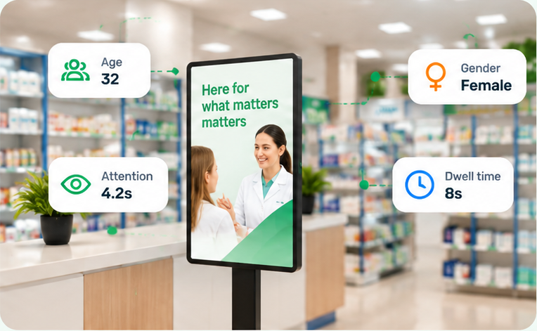 PharmaQI digital display stand inside an independent pharmacy