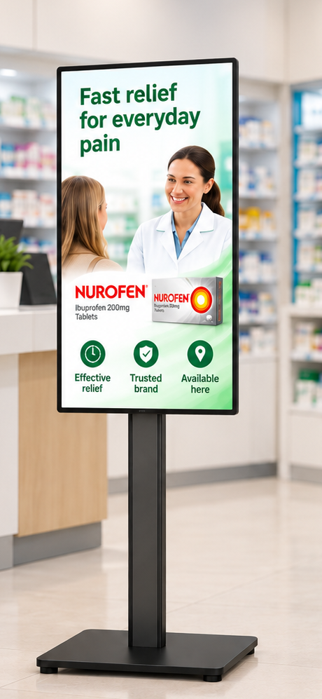 Full-length portrait digital advertising Node in a pharmacy